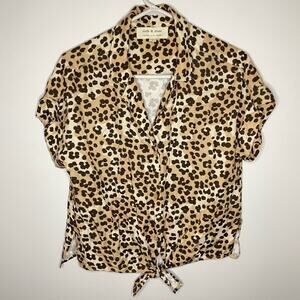 cloth & stone Leopard Print Tie-Hem Short Sleeve Button Front Top - Tan/Black